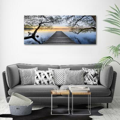 Cuadro de cristal templado moderno horizontal Muelle en el lago