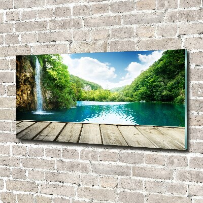 Impresión en cristal con acabado brillante horizontal Cascada en el bosque