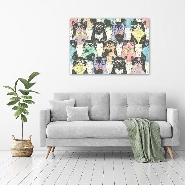Cuadro decorativo de vidrio para salón horizontal Gatos con gafas