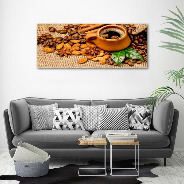 Cuadro decorativo de vidrio para salón horizontal Granos de café y una taza