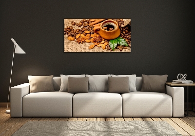 Cuadro decorativo de vidrio para salón horizontal Granos de café y una taza