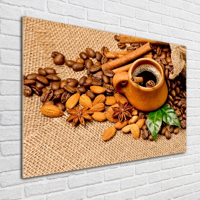 Cuadro decorativo de vidrio para salón horizontal Granos de café y una taza