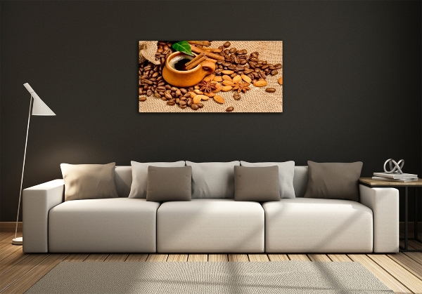 Foto en cristal de alta calidad con impresión uv horizontal Granos de café y una taza