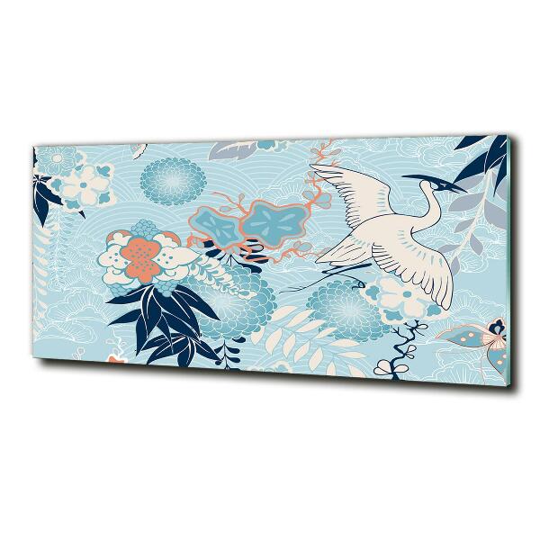 Cuadro de cristal templado moderno horizontal Grulla y flores