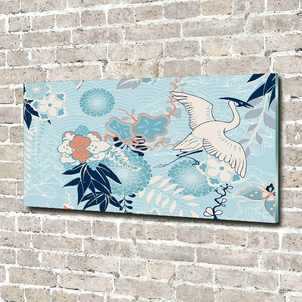 Cuadro de cristal templado moderno horizontal Grulla y flores
