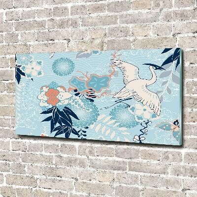 Cuadro de cristal templado moderno horizontal Grulla y flores