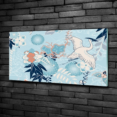 Cuadro de cristal templado moderno horizontal Grulla y flores