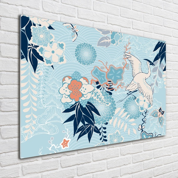 Cuadro de cristal templado moderno horizontal Grulla y flores