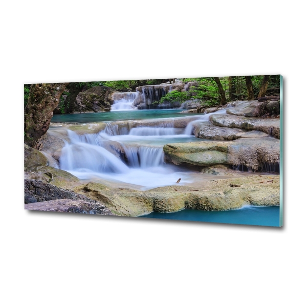 Cuadro decorativo de vidrio para salón horizontal Cascada en el bosque