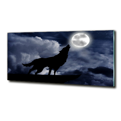 Cuadro decorativo de vidrio para salón horizontal El lobo aullador de la luna llena