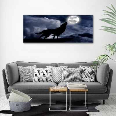 Cuadro decorativo de vidrio para salón horizontal El lobo aullador de la luna llena