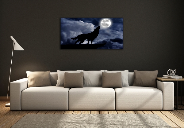 Cuadro decorativo de vidrio para salón horizontal El lobo aullador de la luna llena