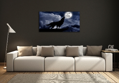 Cuadro decorativo de vidrio para salón horizontal El lobo aullador de la luna llena