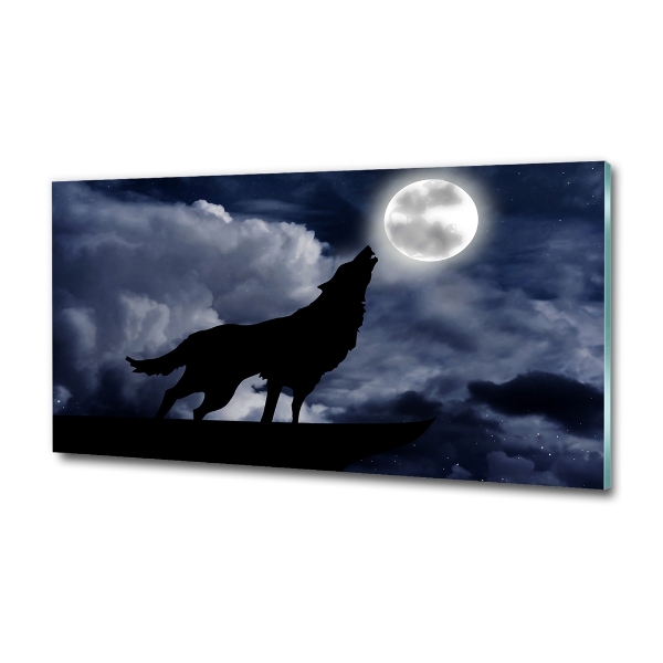 Cuadro decorativo de vidrio para salón horizontal El lobo aullador de la luna llena