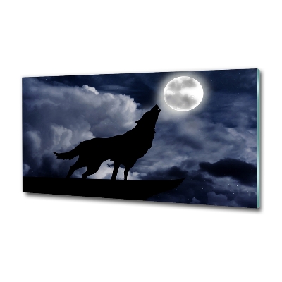 Cuadro decorativo de vidrio para salón horizontal El lobo aullador de la luna llena