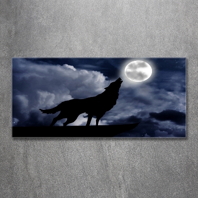 Cuadro decorativo de vidrio para salón horizontal El lobo aullador de la luna llena