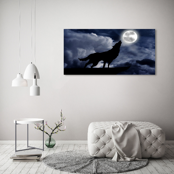 Cuadro decorativo de vidrio para salón horizontal El lobo aullador de la luna llena