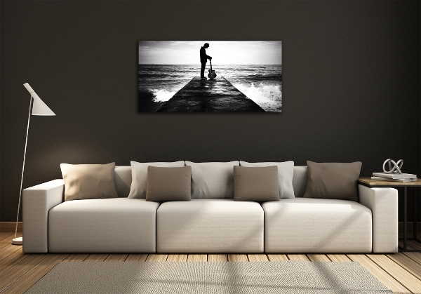 Impresión en cristal con acabado brillante horizontal Guitarrista en el muelle