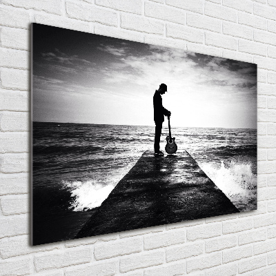 Impresión en cristal con acabado brillante horizontal Guitarrista en el muelle