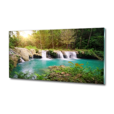 Cuadro decorativo de vidrio para salón horizontal Cascada en el bosque