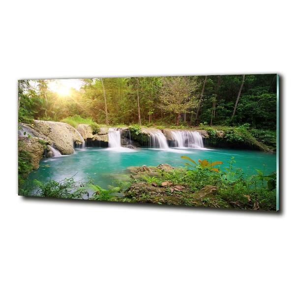 Cuadro decorativo de vidrio para salón horizontal Cascada en el bosque