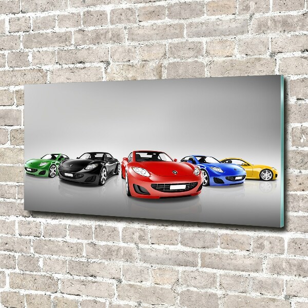Cuadro decorativo de vidrio para salón horizontal Coches coloridos