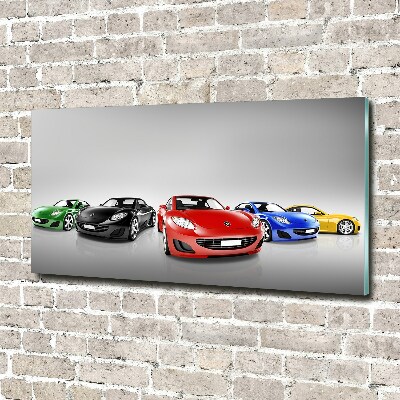 Cuadro decorativo de vidrio para salón horizontal Coches coloridos