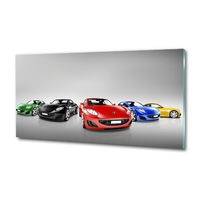 Cuadro decorativo de vidrio para salón horizontal Coches coloridos