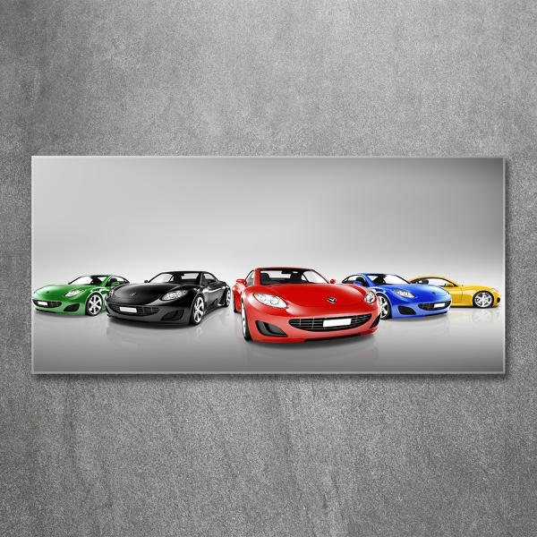 Cuadro decorativo de vidrio para salón horizontal Coches coloridos