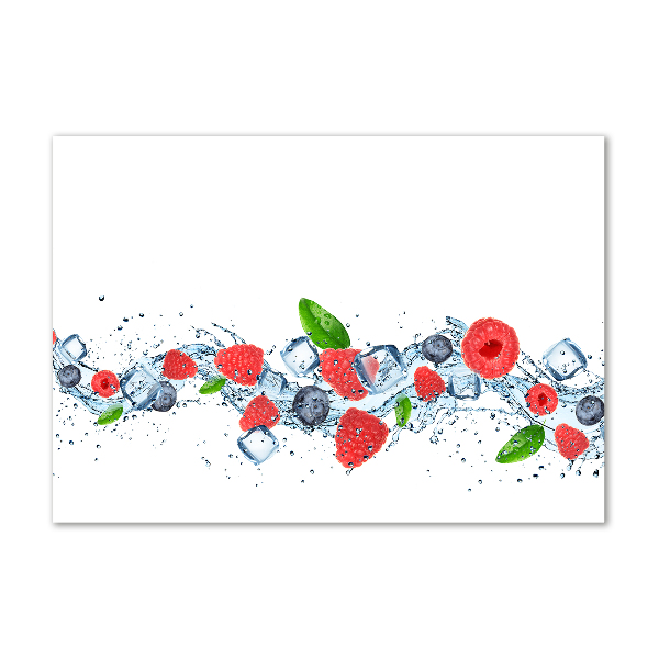 Cuadro decorativo de vidrio para salón horizontal Frutos del bosque con hielo