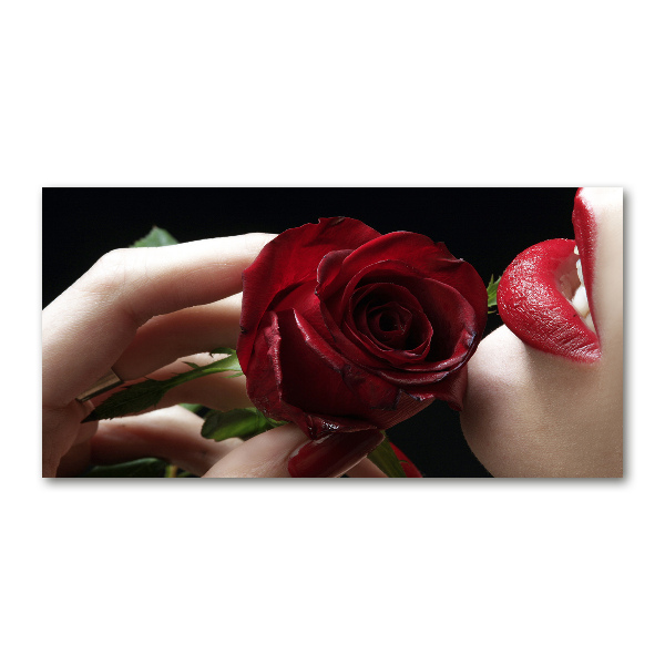 Foto en cristal de alta calidad con impresión uv horizontal Mujer con una rosa