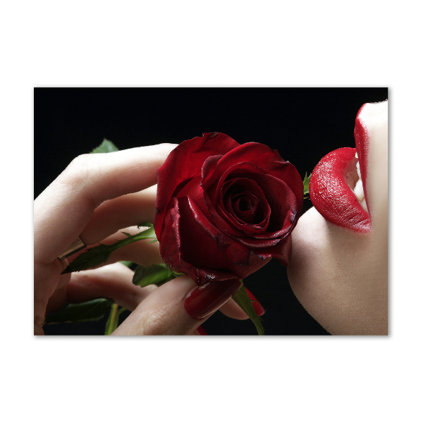 Foto en cristal de alta calidad con impresión uv horizontal Mujer con una rosa