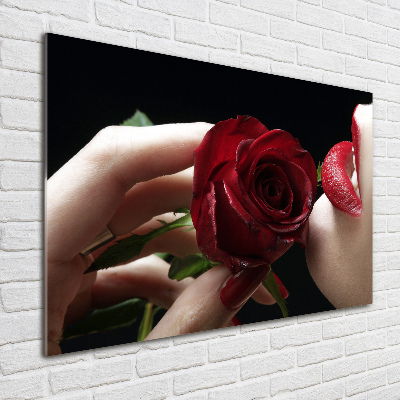 Foto en cristal de alta calidad con impresión uv horizontal Mujer con una rosa
