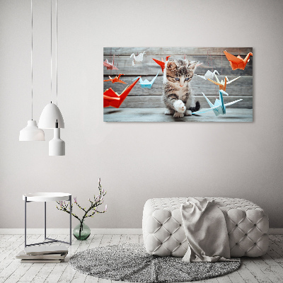 Impresión en cristal con acabado brillante horizontal Pájaros gato hechos de papel