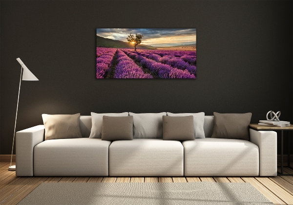 Cuadro decorativo de vidrio para salón horizontal campo de lavanda