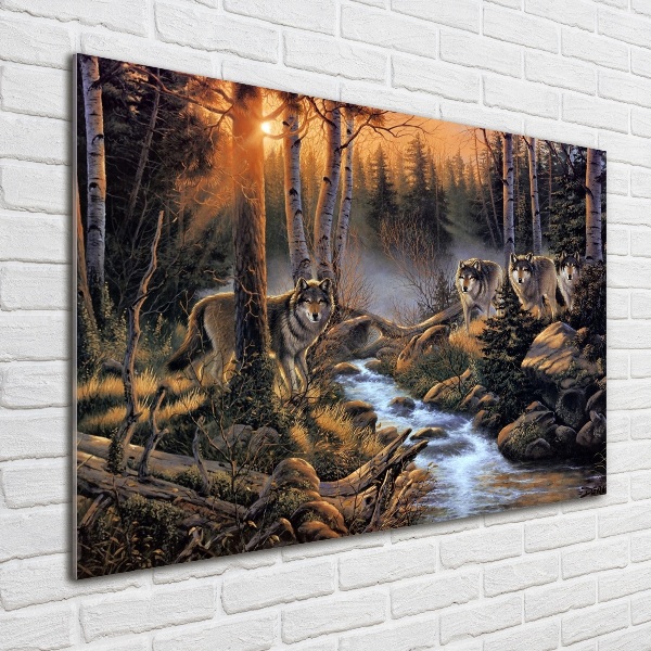 Cuadro de cristal templado moderno horizontal Una manada de lobos