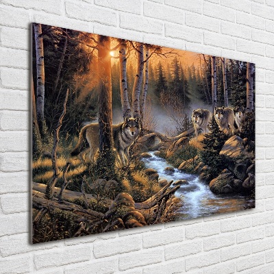 Cuadro de cristal templado moderno horizontal Una manada de lobos