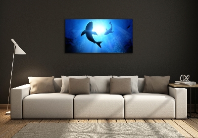 Cuadro decorativo de vidrio para salón horizontal Dos tiburones