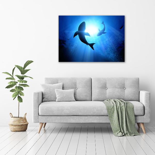 Cuadro decorativo de vidrio para salón horizontal Dos tiburones