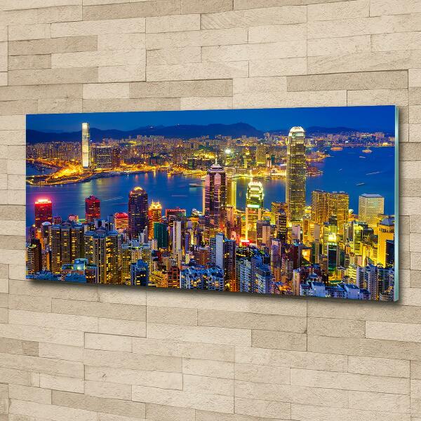 Cuadro decorativo de vidrio para salón horizontal Hong Kong de noche