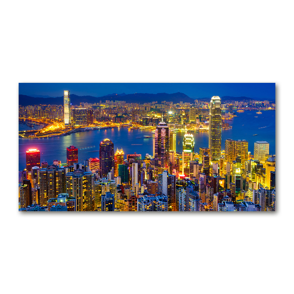 Cuadro decorativo de vidrio para salón horizontal Hong Kong de noche