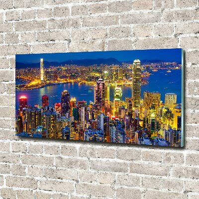 Cuadro decorativo de vidrio para salón horizontal Hong Kong de noche