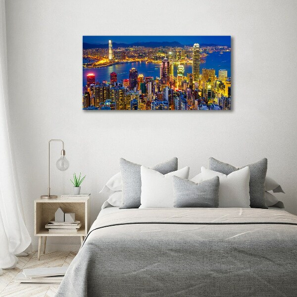 Cuadro decorativo de vidrio para salón horizontal Hong Kong de noche