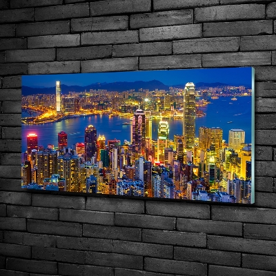 Cuadro decorativo de vidrio para salón horizontal Hong Kong de noche