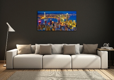 Cuadro decorativo de vidrio para salón horizontal Hong Kong de noche