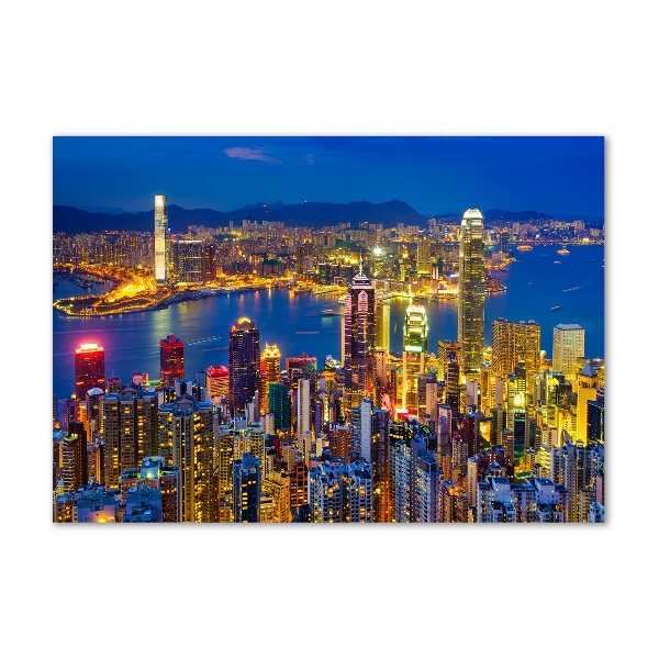 Cuadro decorativo de vidrio para salón horizontal Hong Kong de noche