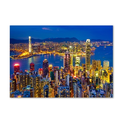 Cuadro decorativo de vidrio para salón horizontal Hong Kong de noche