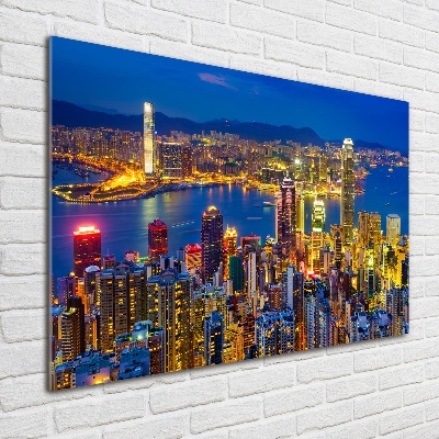 Cuadro decorativo de vidrio para salón horizontal Hong Kong de noche