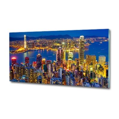 Cuadro decorativo de vidrio para salón horizontal Hong Kong de noche