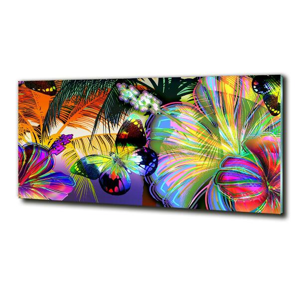 Cuadro decorativo de vidrio para salón horizontal Flores y una mariposa